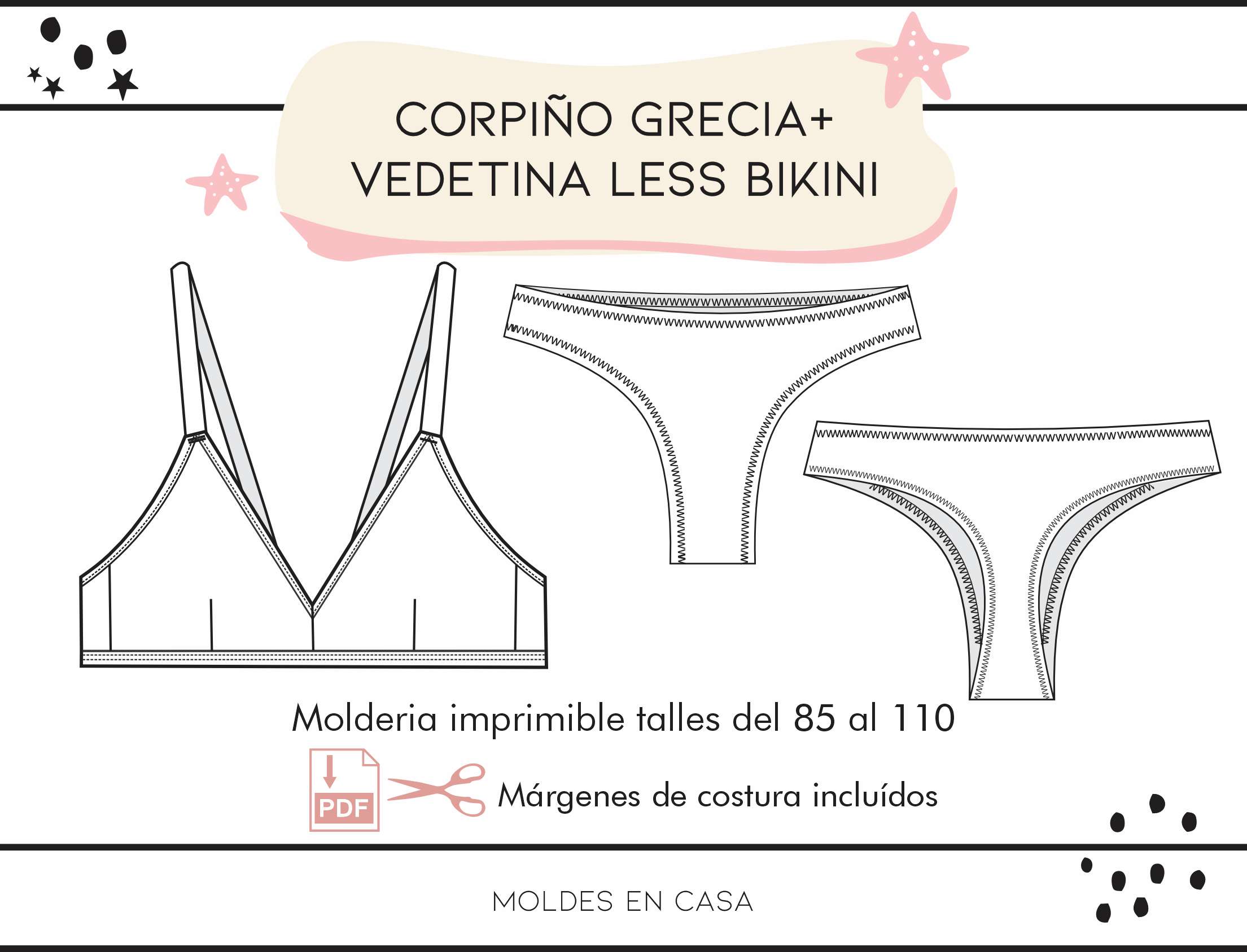 Molderia imprimible Corpiño Grecia + Vedetina less bikini