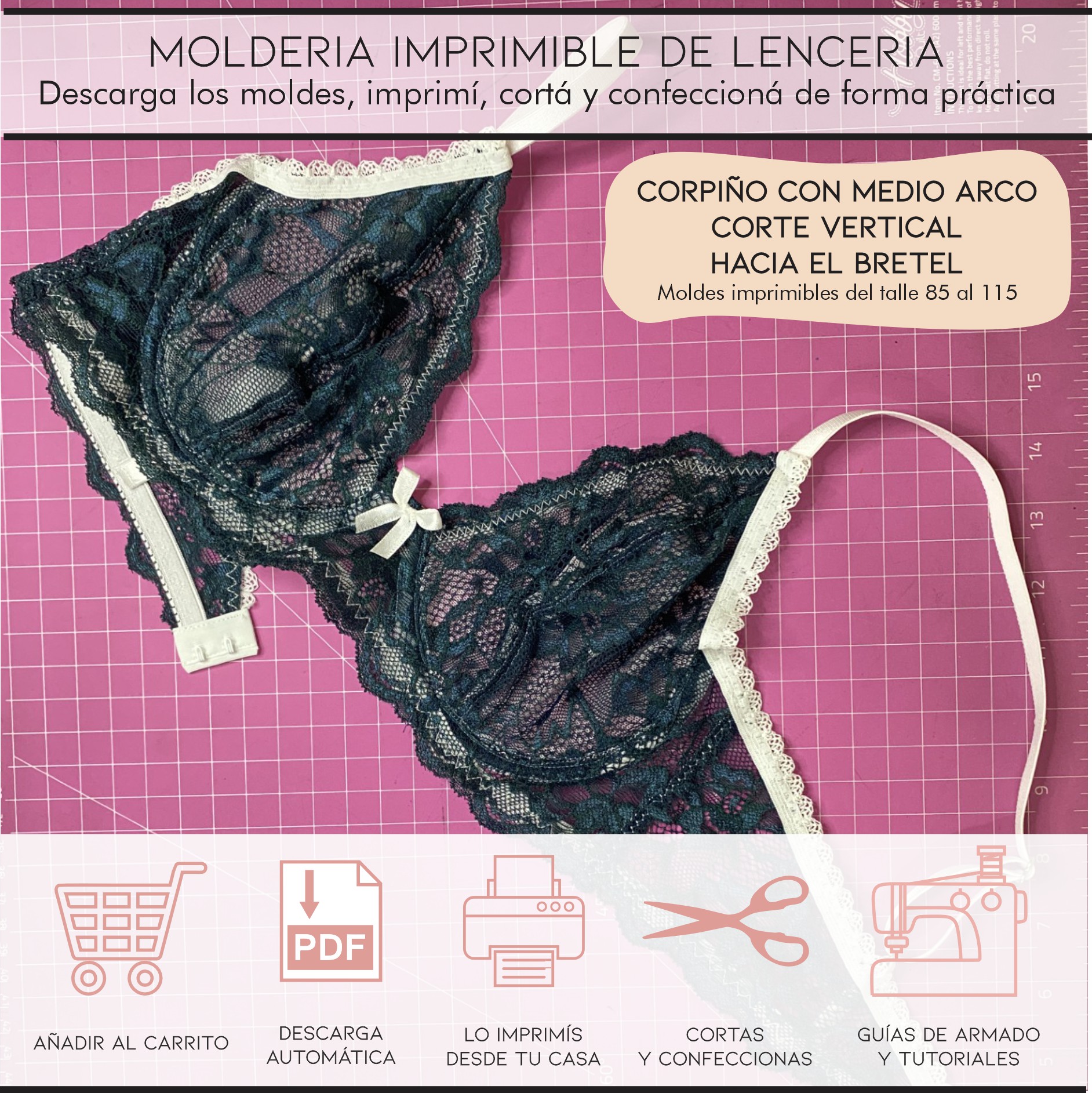 Molderia imprimible Corpiño con medio arco y corte vertical en bretel