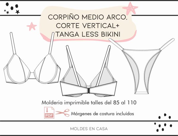 Molderia imprimible Corpiño con medio arco y corte vertical + Tanga less bikini