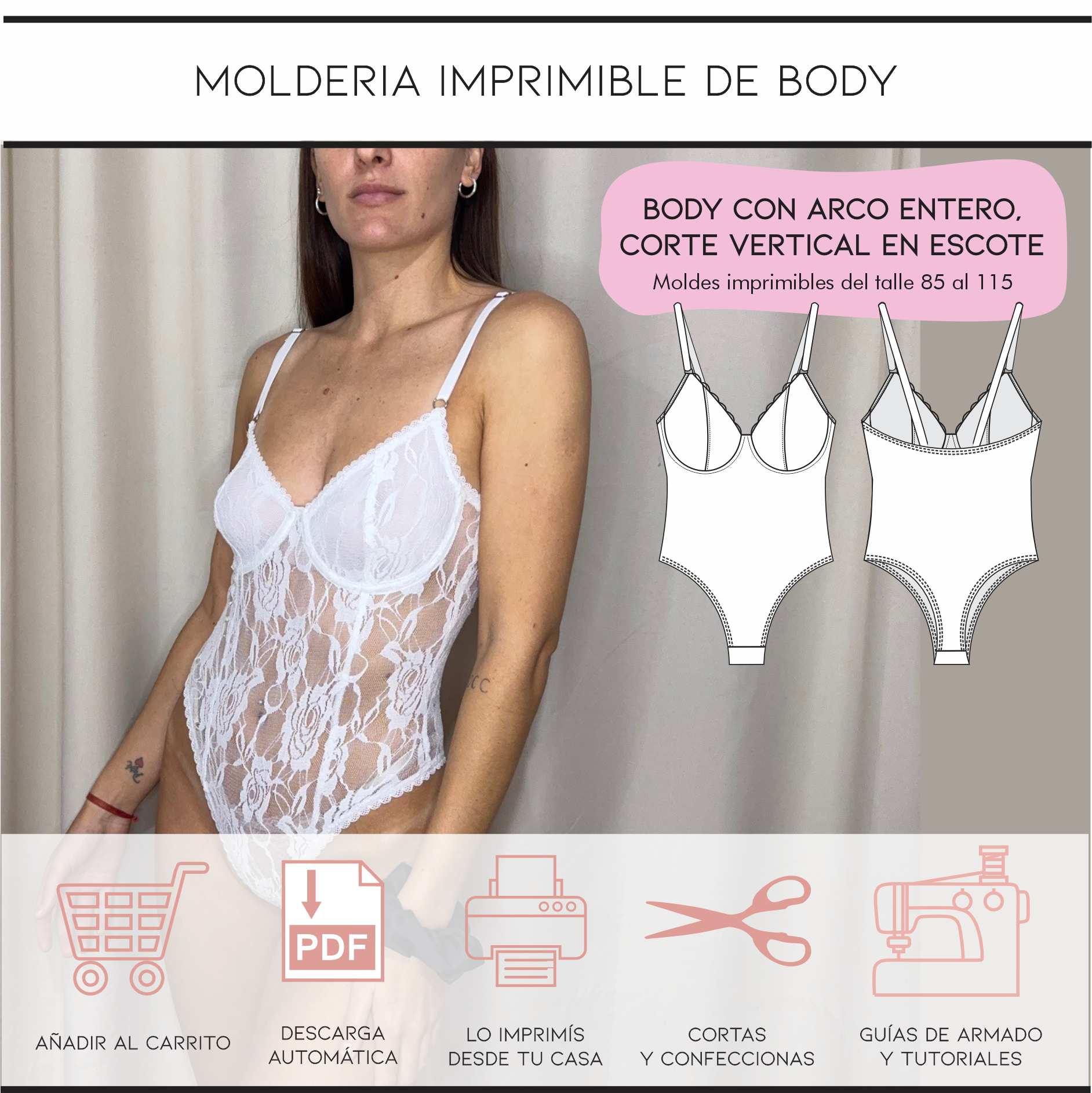 Molderia imprimible Body con arco entero y corte vertical en escote