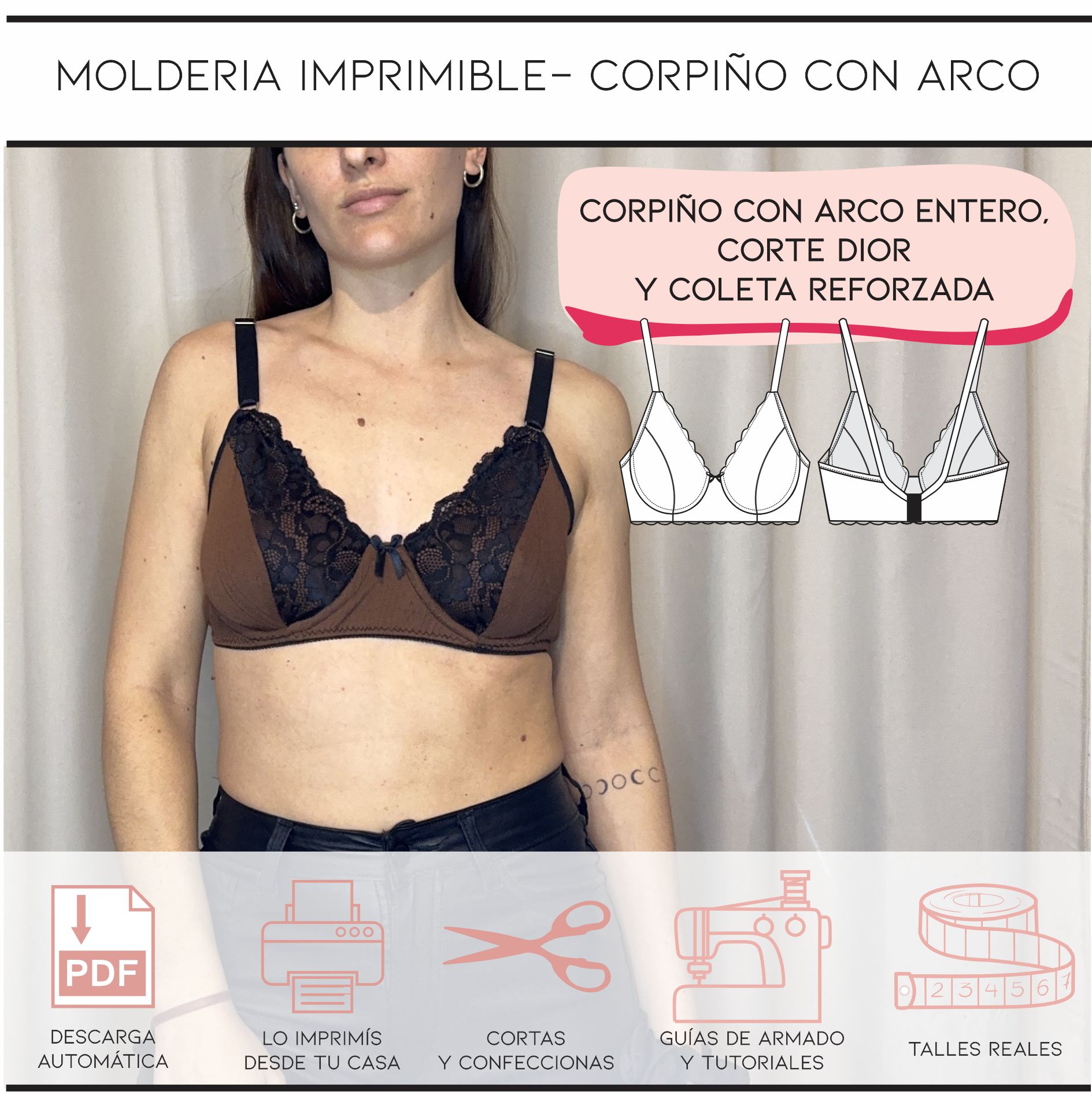 Molderia imprimible Corpiño con arco entero, corte Dior y coleta reforzada