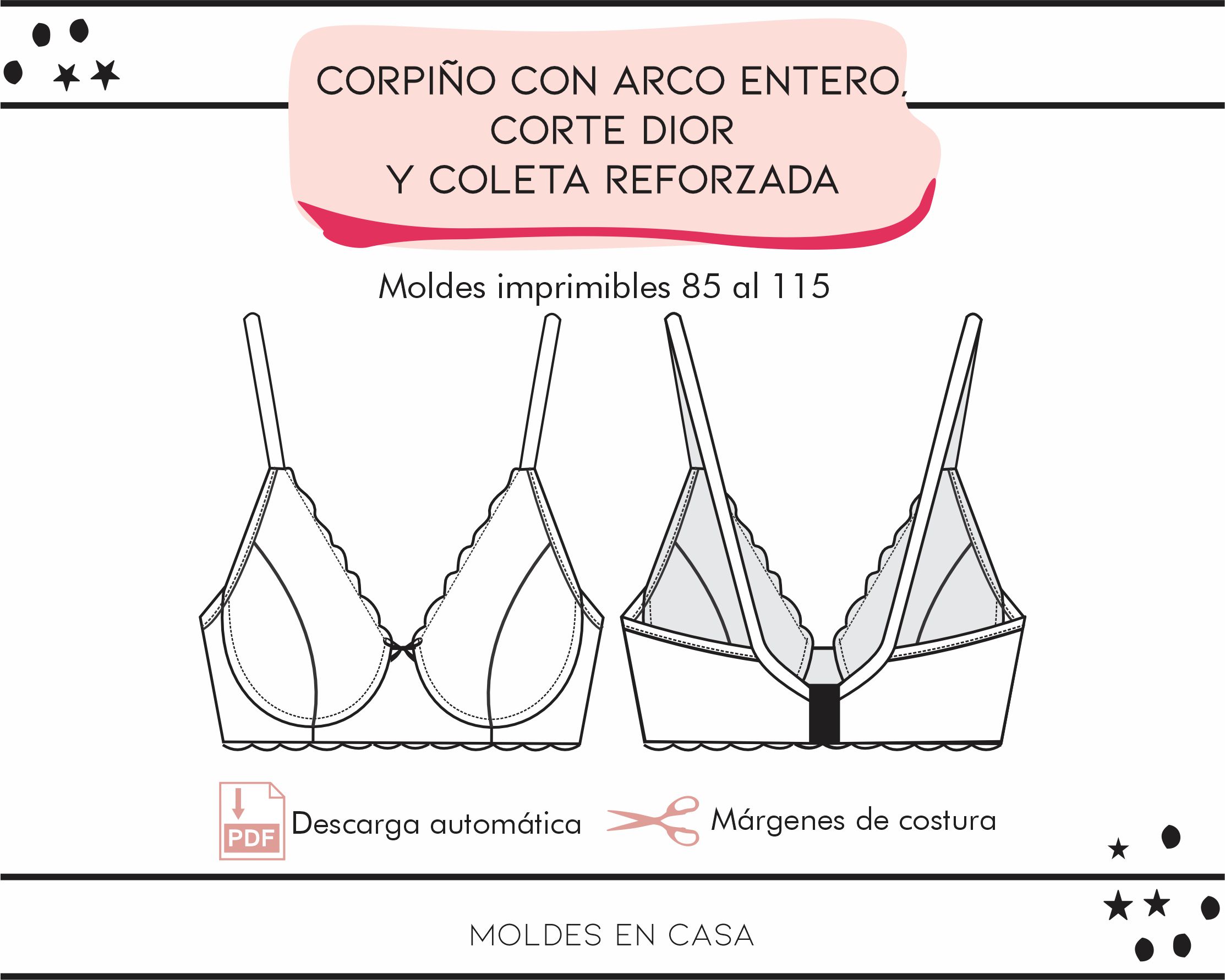 Molderia imprimible Corpiño con arco entero, corte Dior y coleta reforzada - Imagen 2